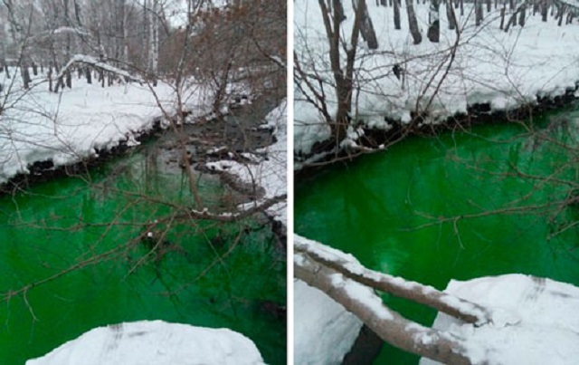 Вода в челябинском Миассе стала ядовито-зеленой