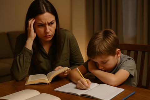 Мама и сын за уроками