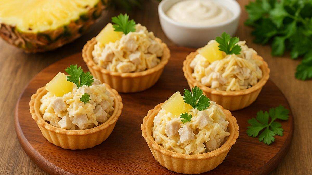Салат с курицей и ананасом в корзиночках Салат с курицей и ананасом в корзиночках