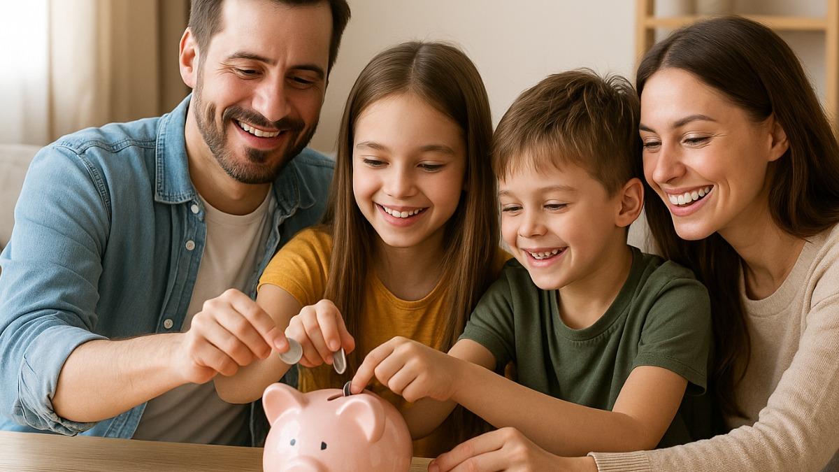 родители и дети бросают монеты в копилку