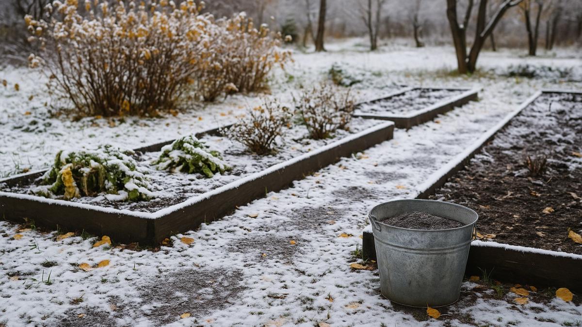 Ведро с удобрениями в саду