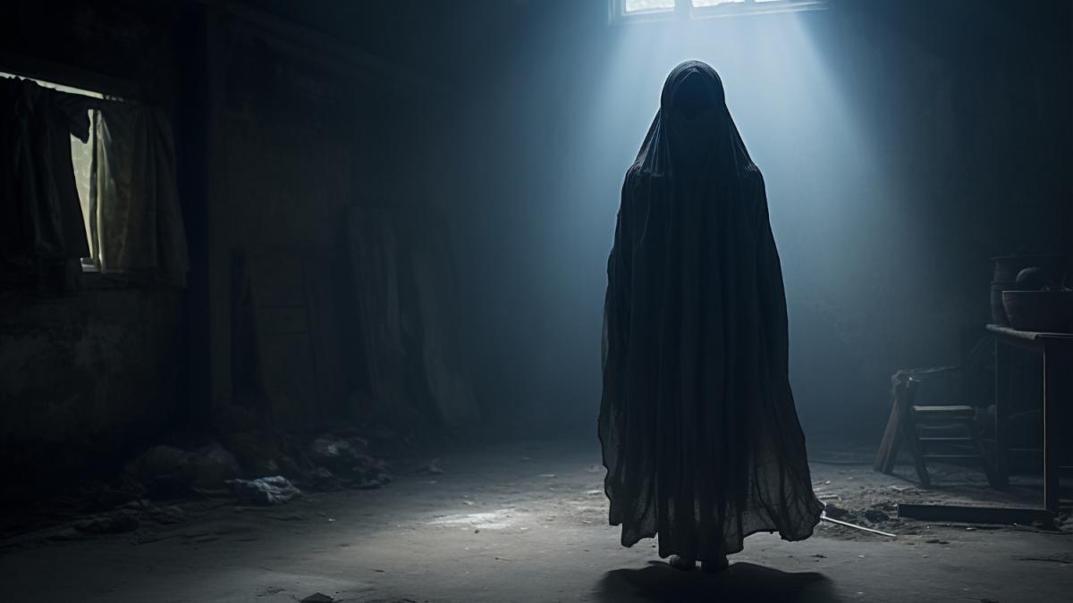 Вид на загадочную сущность в темной туманной комнате