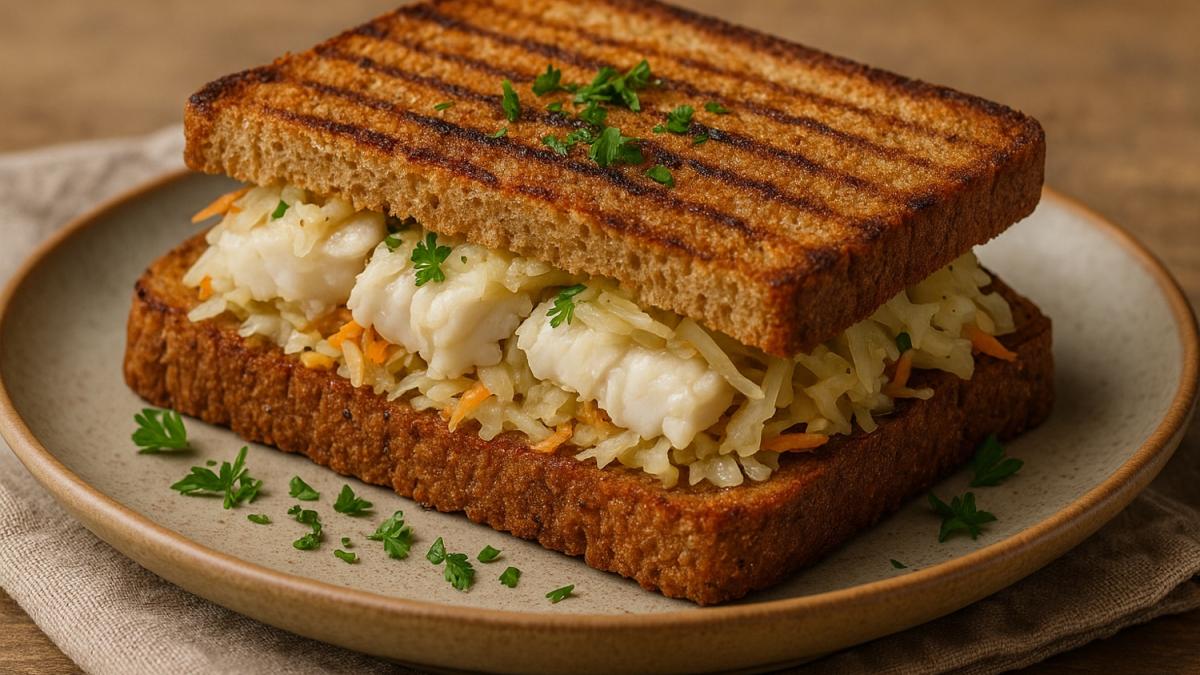 Горячий бутерброд с треской и маринованной капустой