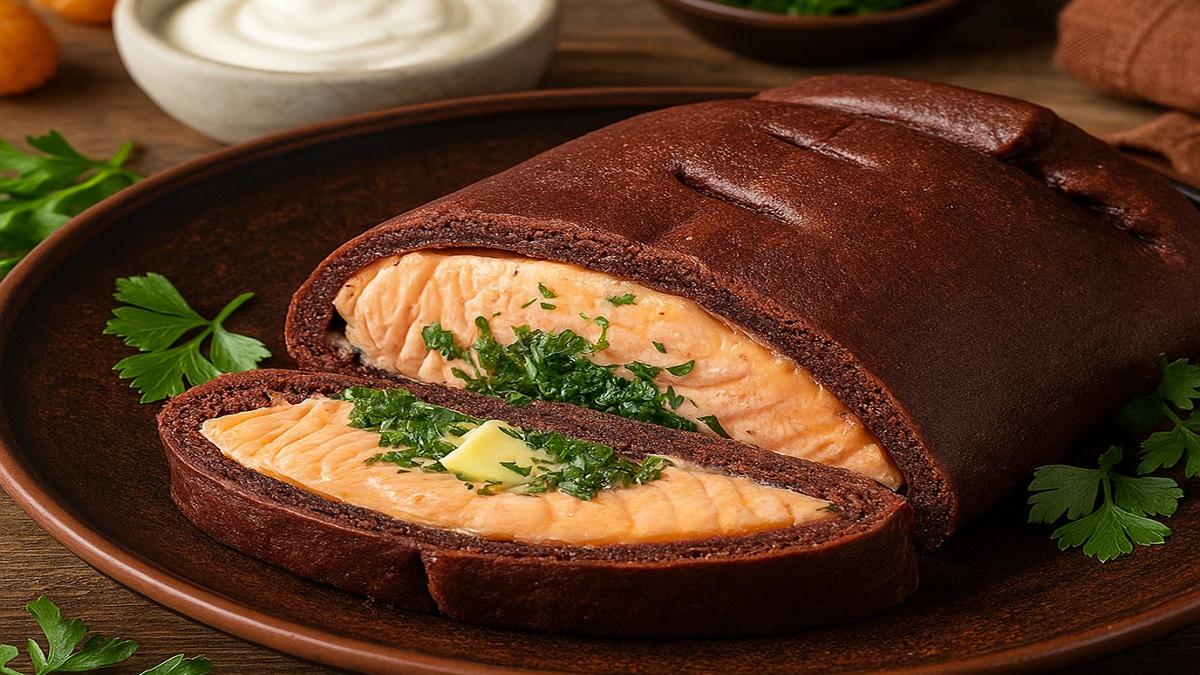 Сёмга, запечённая в черёмуховом тесте