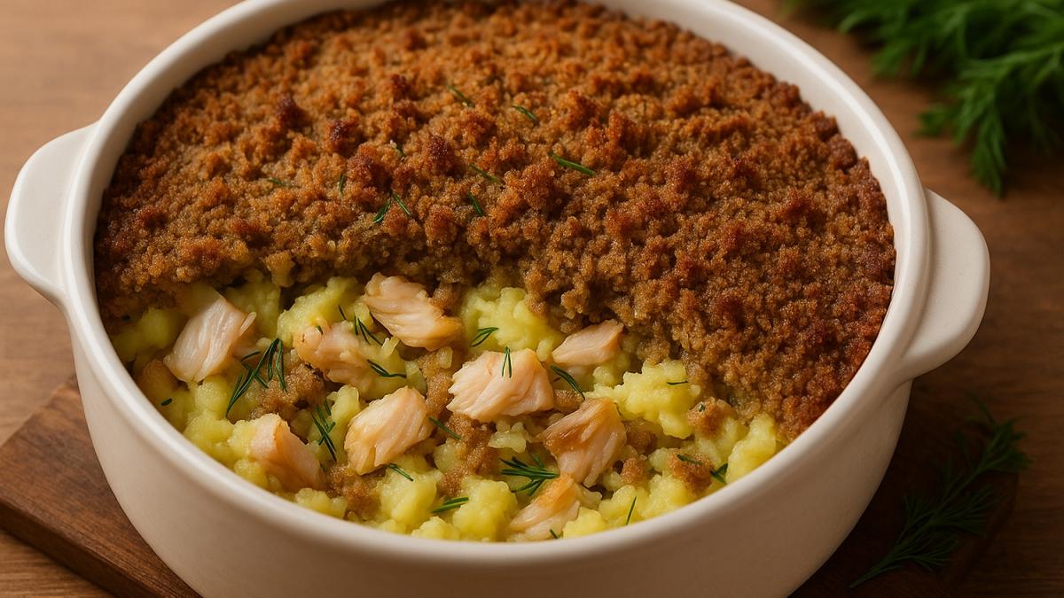 Ржаная запеканка с копчёной рыбой и картофелем