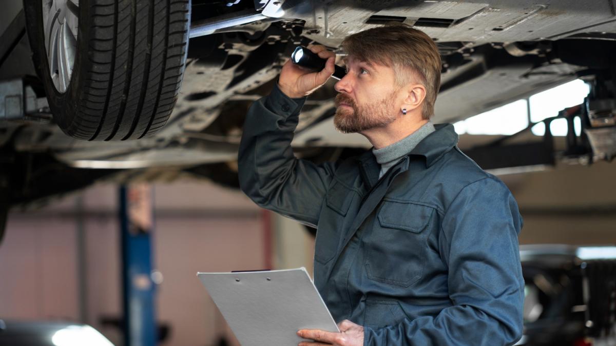 Автомеханик осматривает машину