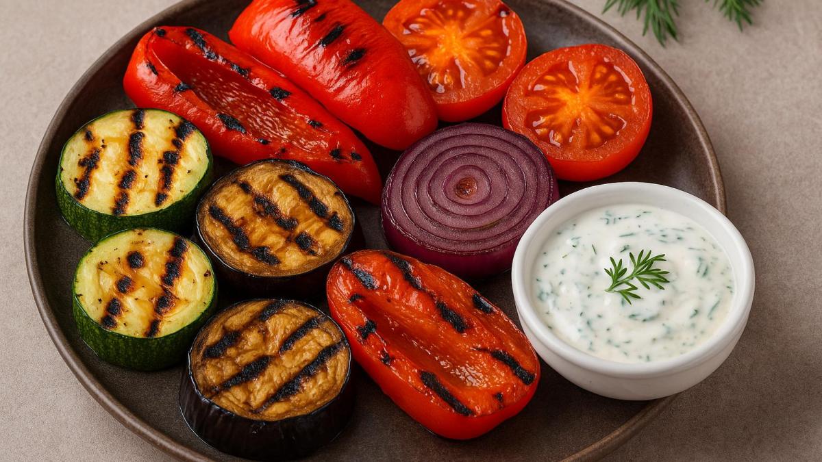Овощи гриль с соусом из сметаны и чеснока