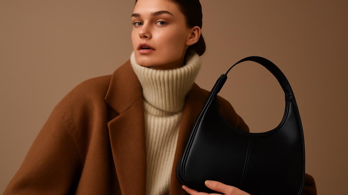 Девушка в осеннем образе с черной сумкой