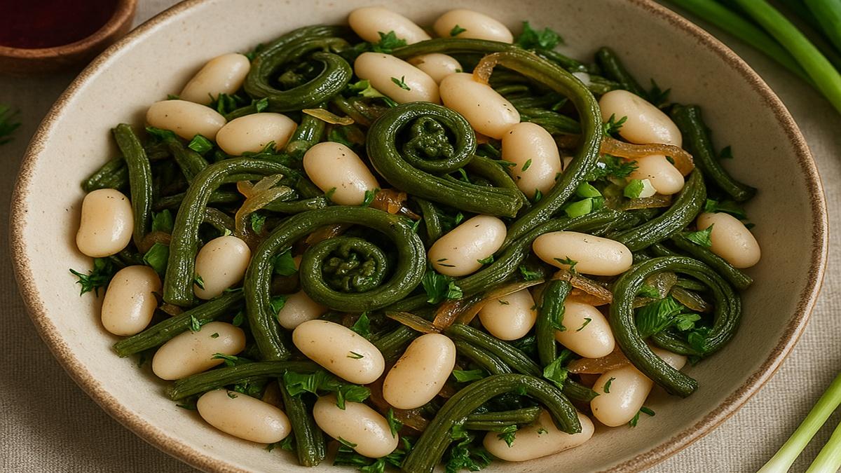 Салат из фасоли с папоротником и уксусом из клюквы