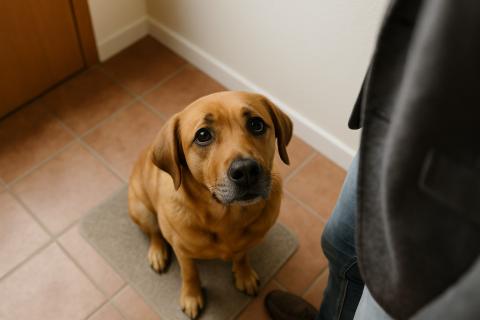 Грустный взгляд собаки в прихожей