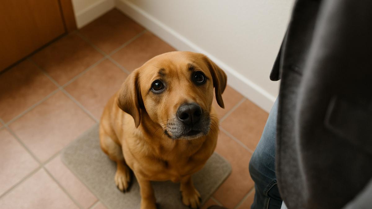 Грустный взгляд собаки в прихожей