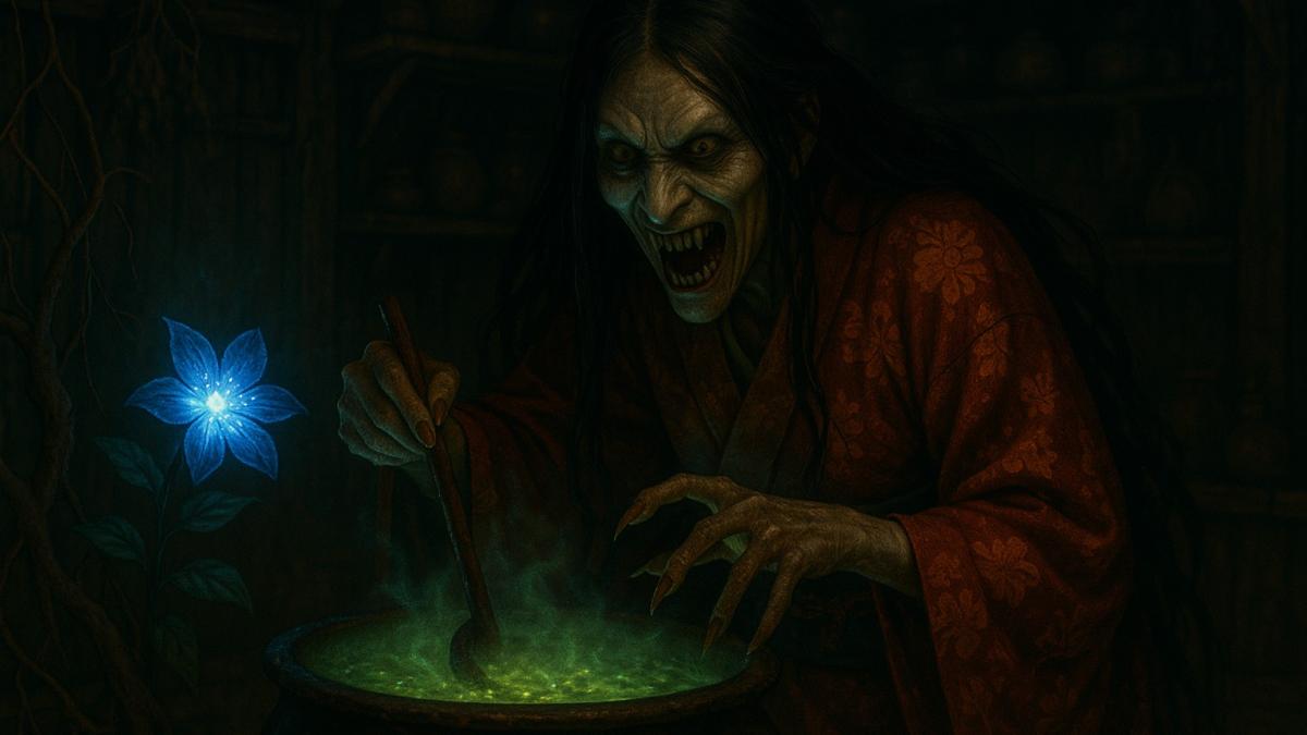 Ведьма в кимоно у котла