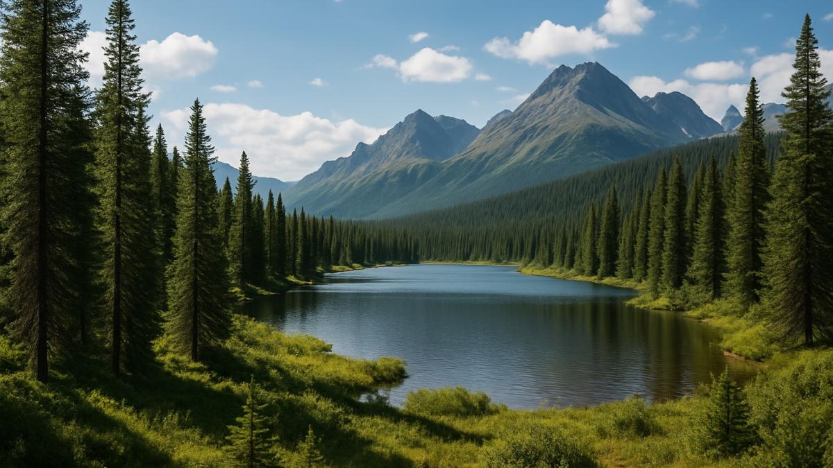 Хвойный лес у горного озера
