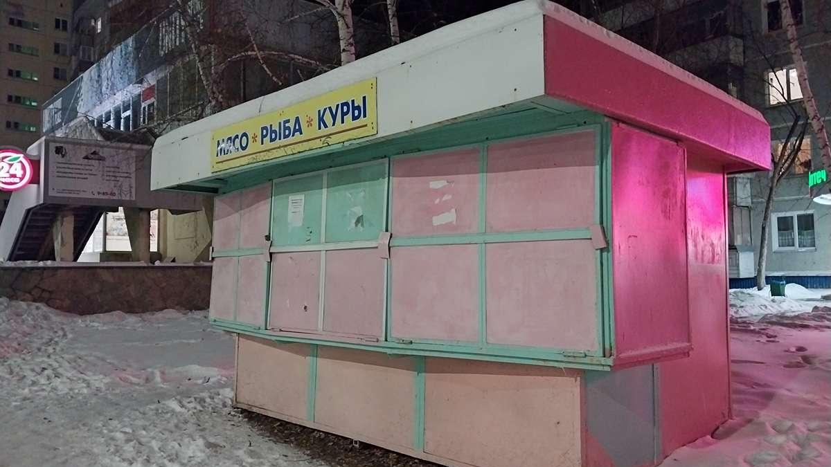 Закрытый киоск "Мясо-рыба-куры" в Озёрске вечером 2023-12-12