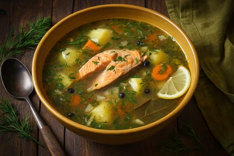 Хабаровская уха из лосося с таёжными травами