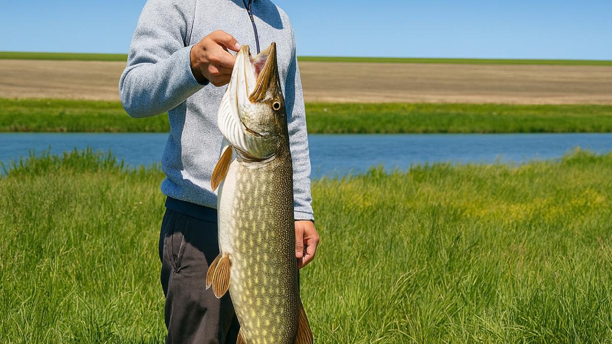 Рыбак с трофейной щукой на берегу реки