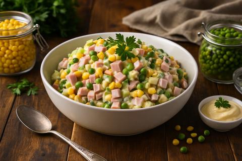 Кулинары отмечают: классический салат с ветчиной и горошком остаётся популярным блюдом сезона