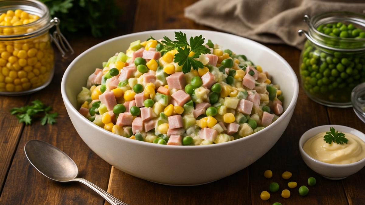Салат с кукурузой, горошком и ветчиной Салат с кукурузой, горошком и ветчиной