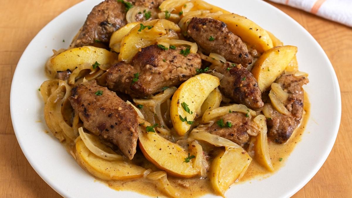 Печень, запечённая с яблоками и луком Печень, запечённая с яблоками и луком