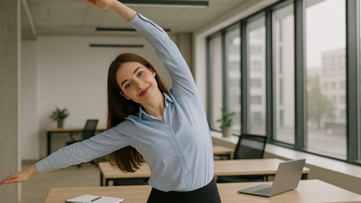 Девушка делает зарядку в офисе Девушка делает зарядку в офисе