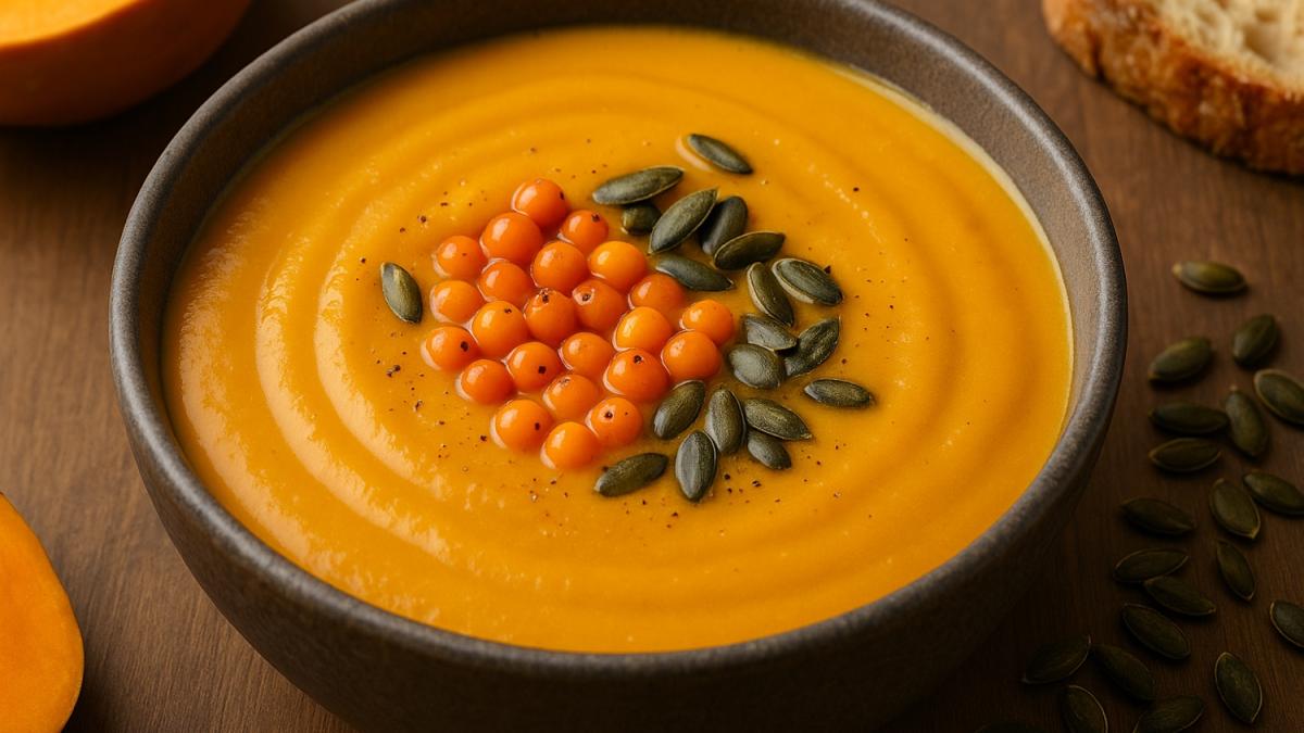 Суп-пюре из тыквы с морошкой и сливками Суп-пюре из тыквы с морошкой и сливками