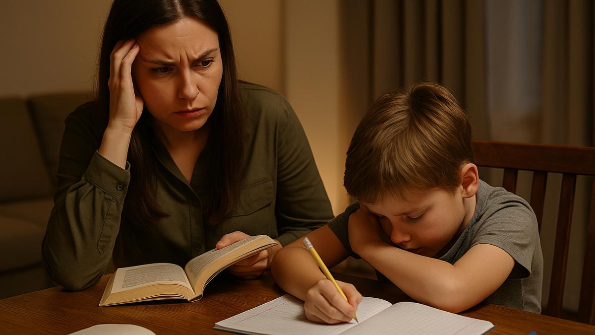 Мама и сын за уроками
