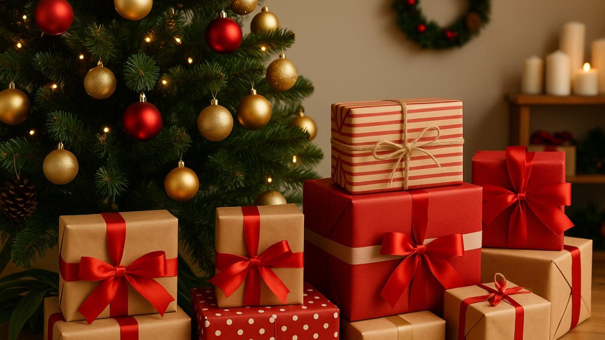 Новогодние подарки у елки
