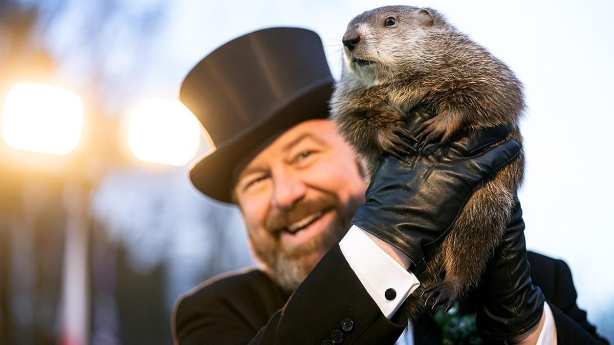 Мужчина в цилиндре держит сурка на церемонии Дня сурка