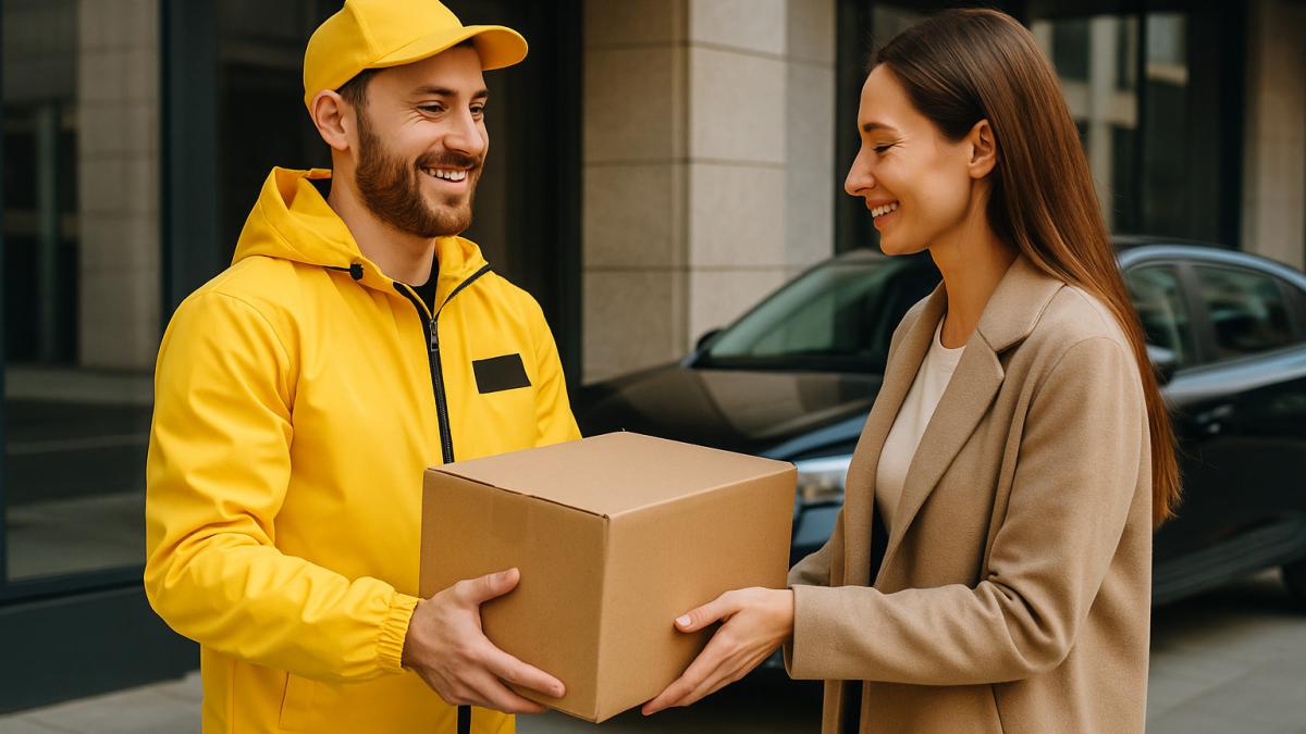 Курьер передаёт посылку клиенту