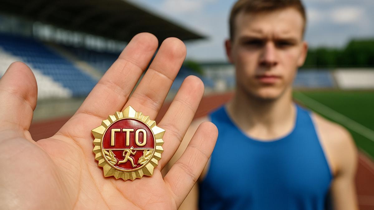 Значок ГТО на стадионе