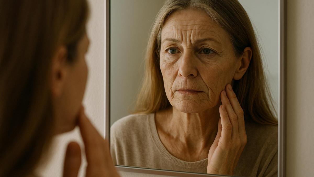 Женщина перед зеркалом с морщинами Женщина перед зеркалом с морщинами