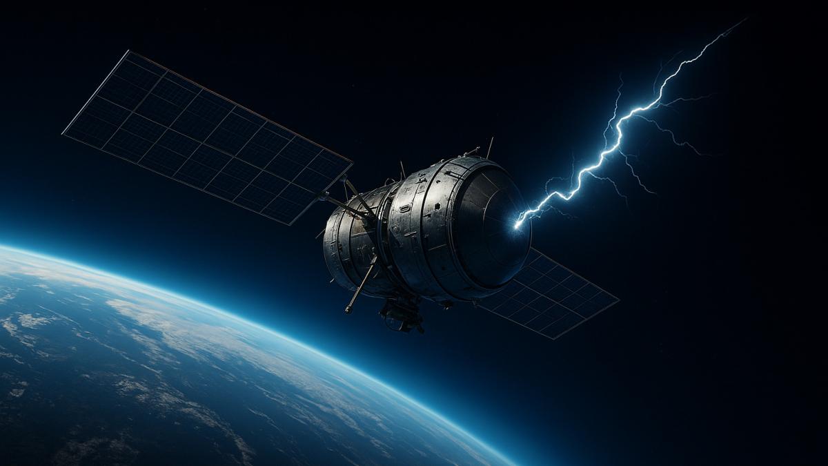 Спутник на орбите с электрическим разрядом