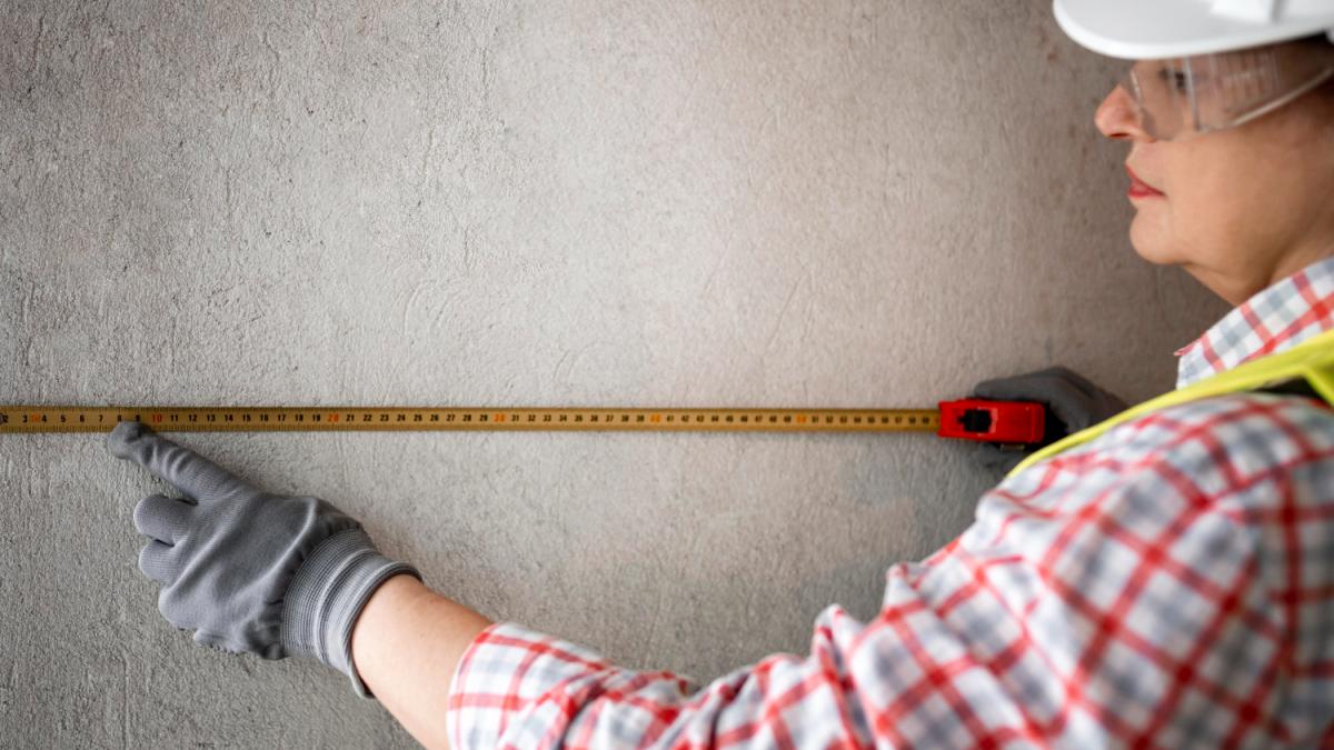 Строитель замеряет зазор