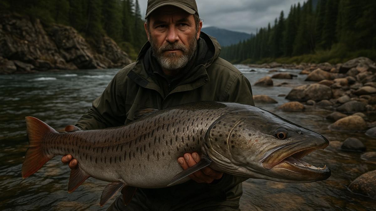 Рыбак с трофейным тайменем на сибирской реке