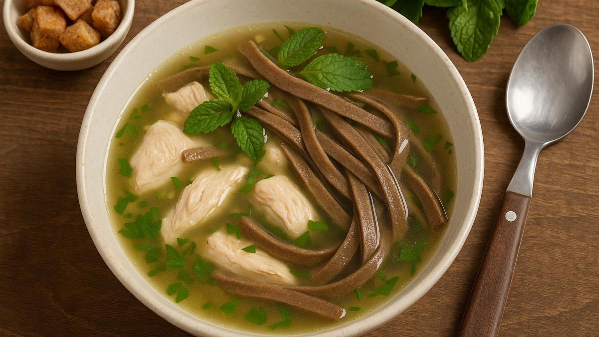 Суп из курицы с мятой и лапшой из ржаной муки