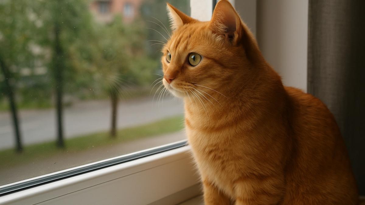 кошка смотрит в окно