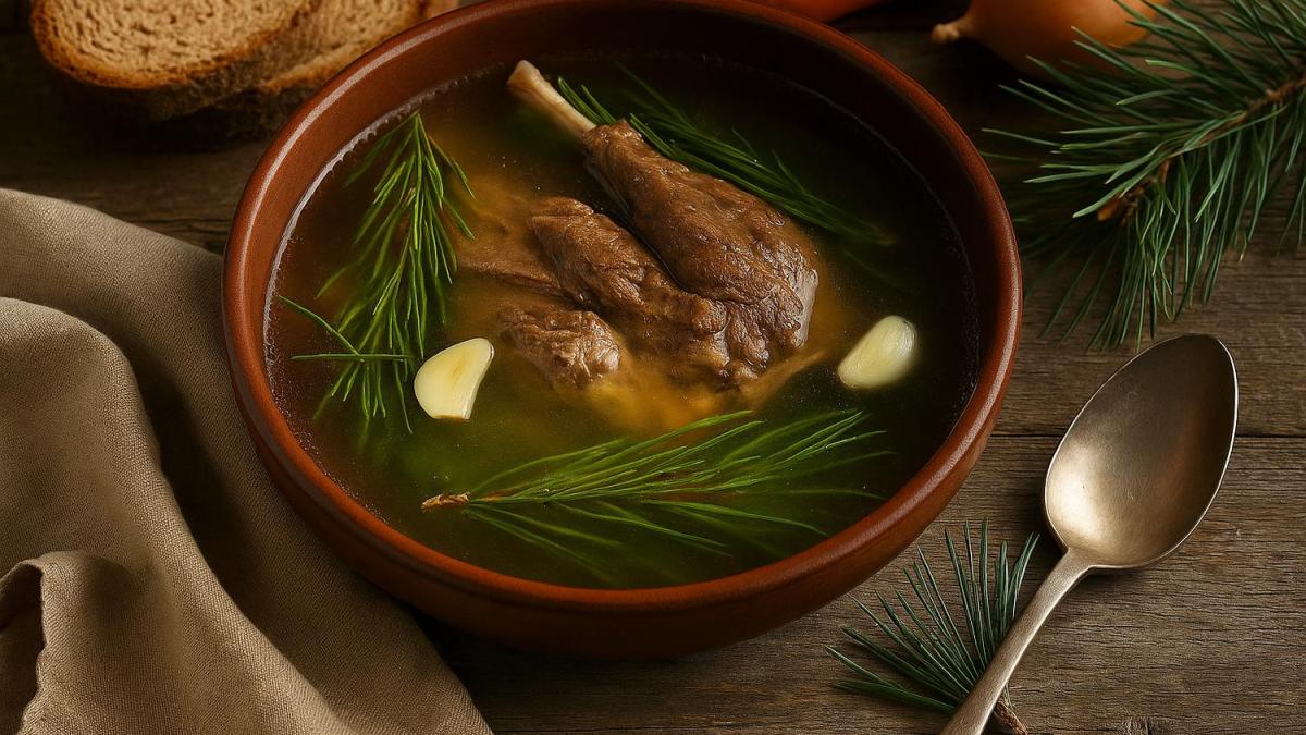 Бульон из дичи с чесноком и хвойными ароматами