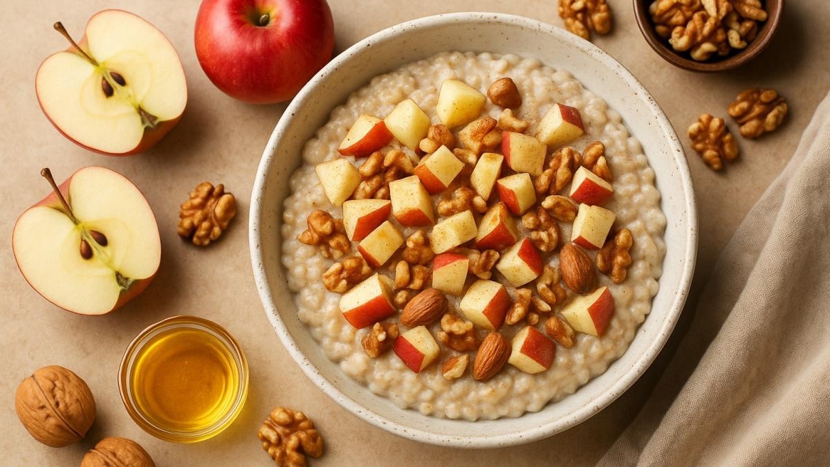 Овсяные хлопья с яблоками и орехами