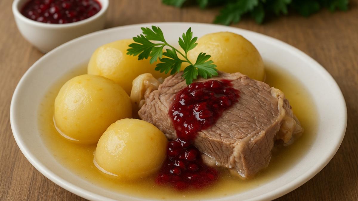 Варёное мясо с репой и брусничным соусом