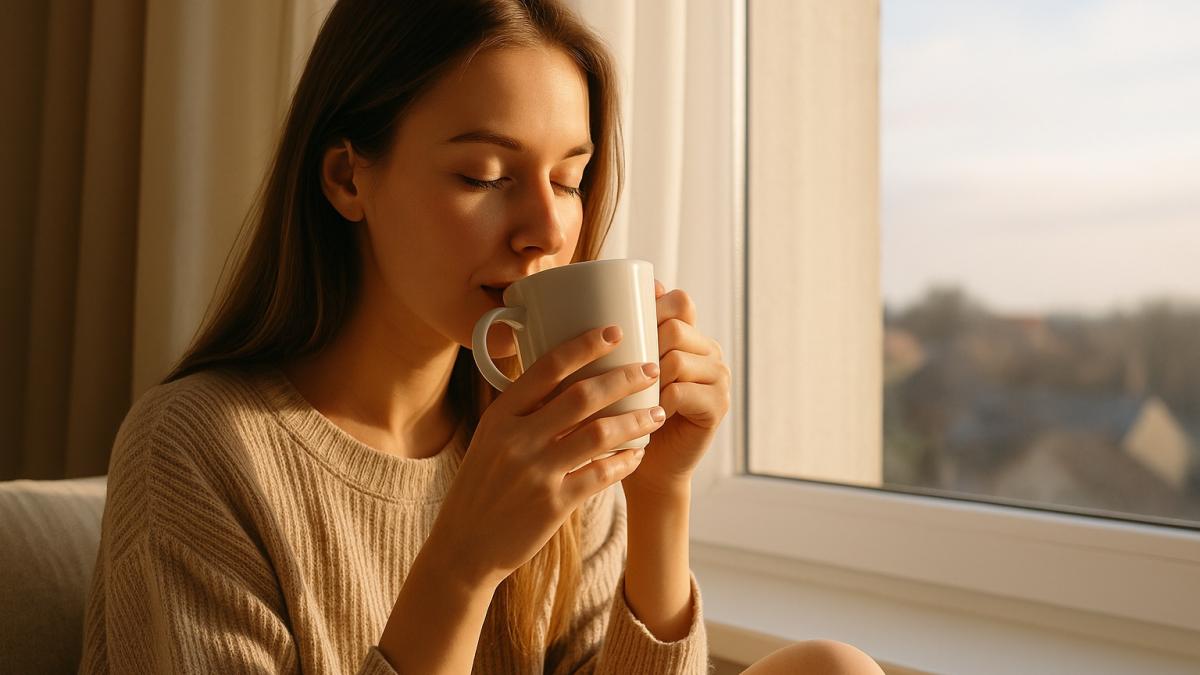 Девушка утром пьет кофе у окна