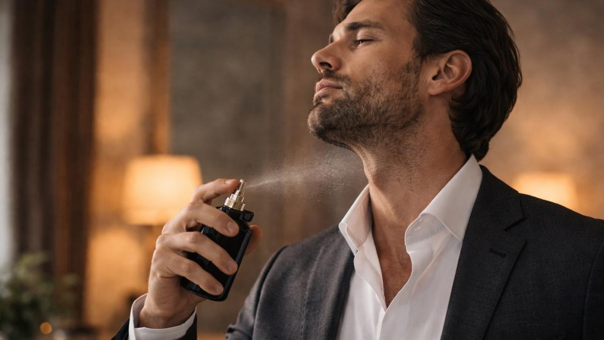 Мужчина наносит парфюм