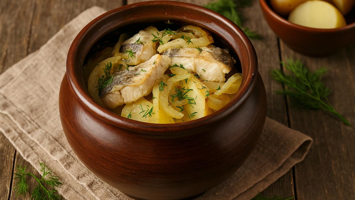 Вепсская рыба с луком и картошкой, запечённая в горшке