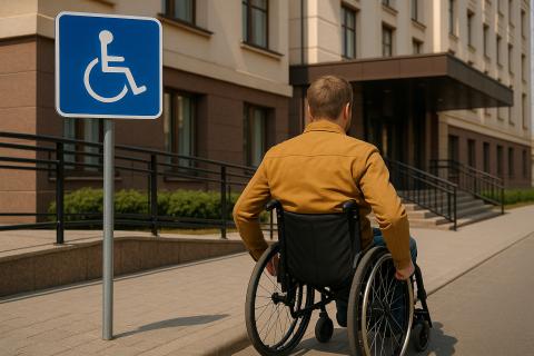 человек в коляске у гостиницы