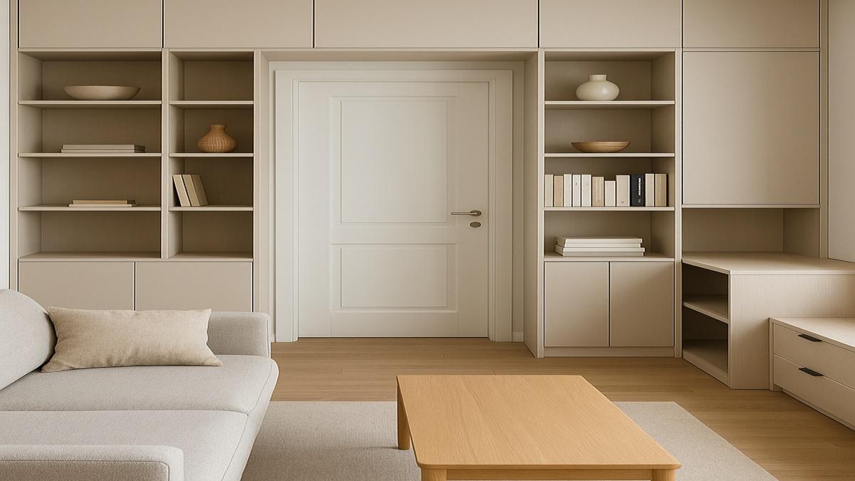 Современная гостиная с мебелью вокруг двери