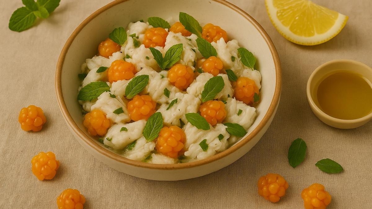 Холодная закуска из трески с морошкой и мятой Холодная закуска из трески с морошкой и мятой