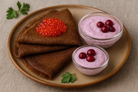Как приготовить ржаные блины с икрой и соусом из клюквы и сметаны