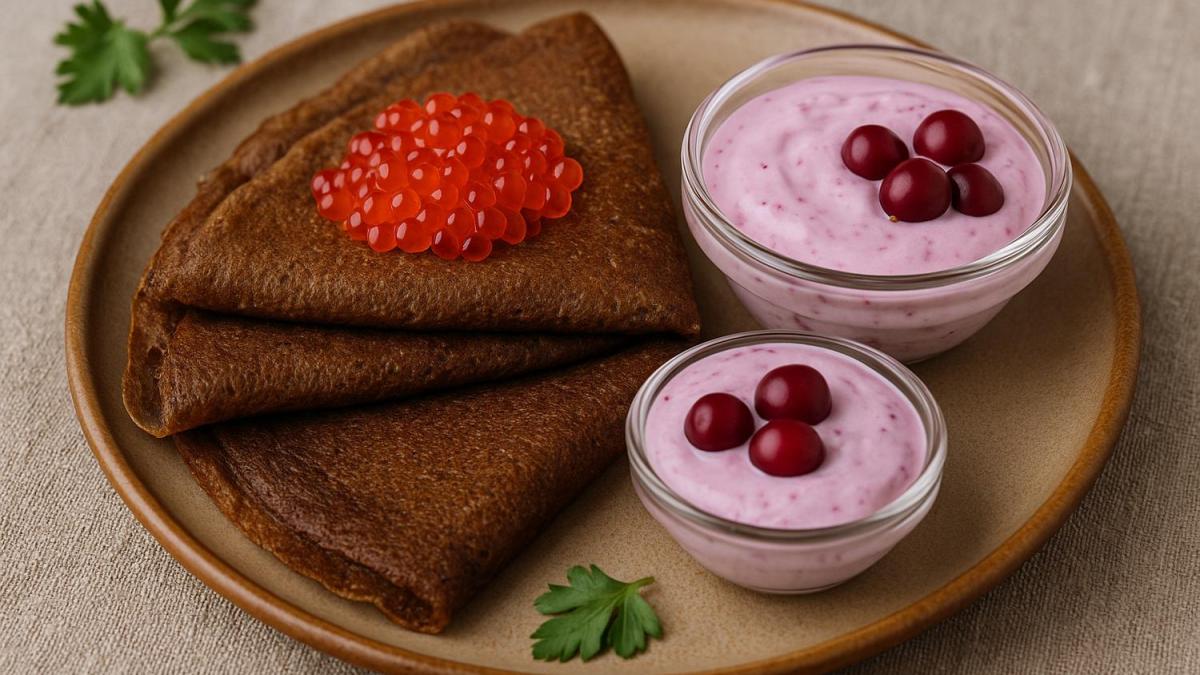 Ржаные блинчики с икрой и клюквенной сметаной