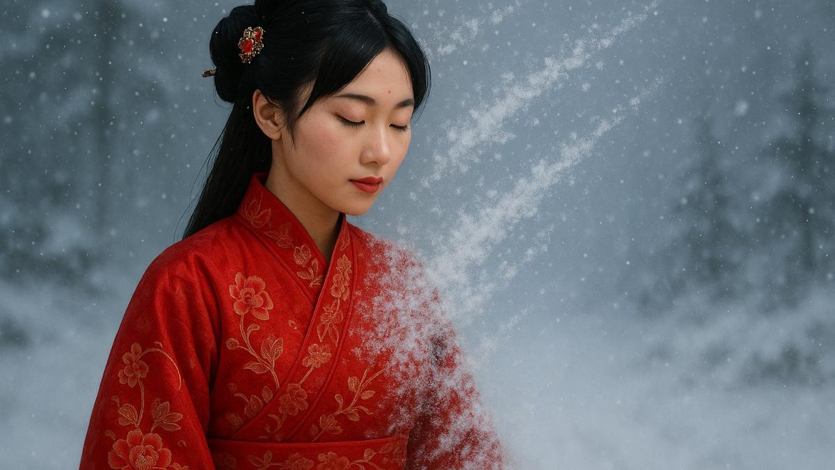 Китайская девушка-снегурочка в зимнем лесу