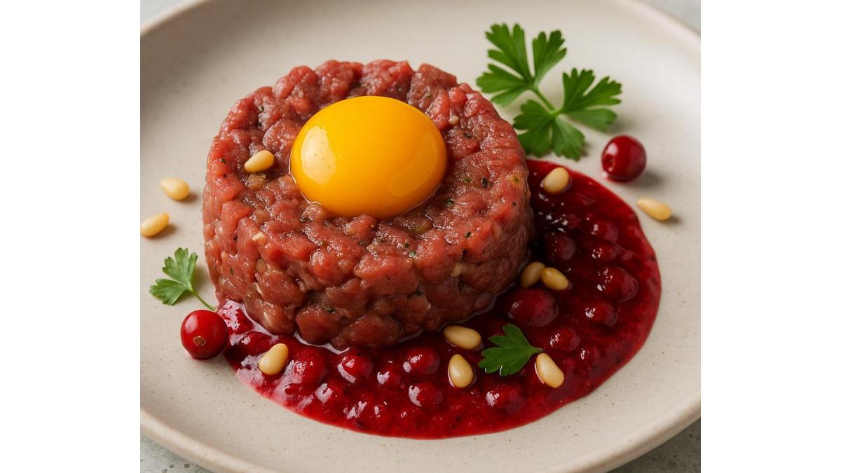 Тартар из говядины с соусом из брусники и кедра