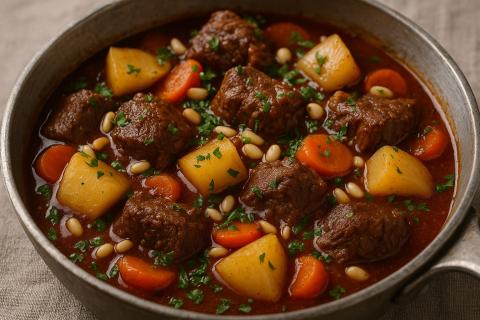 Тушёная говядина с репой и кедровыми орехами — блюдо русской кухни с современным акцентом